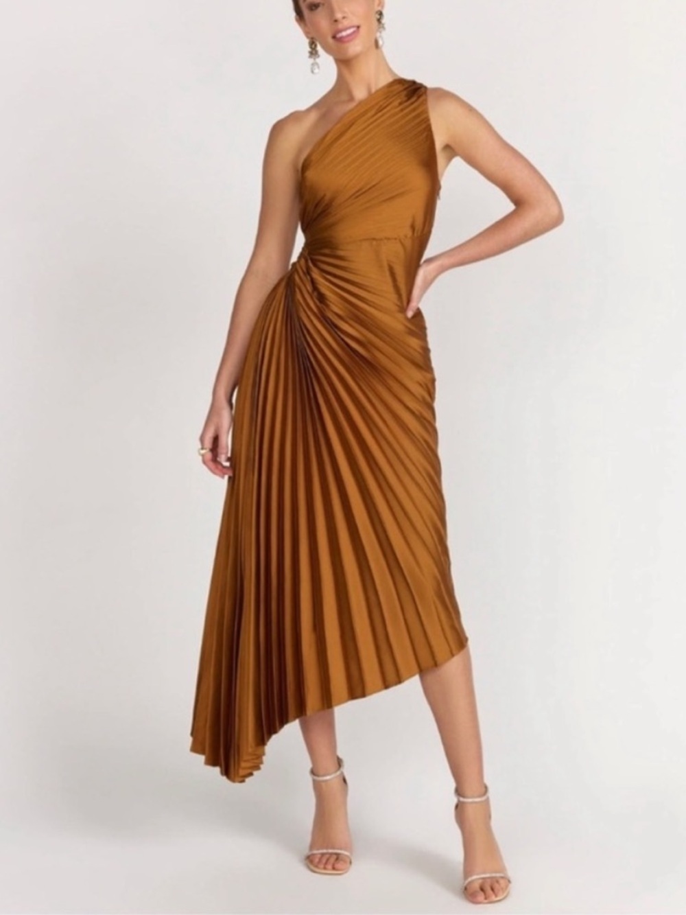 Dress Forum One-Shoulder Pleated Midi Dress in Rich Caramel
